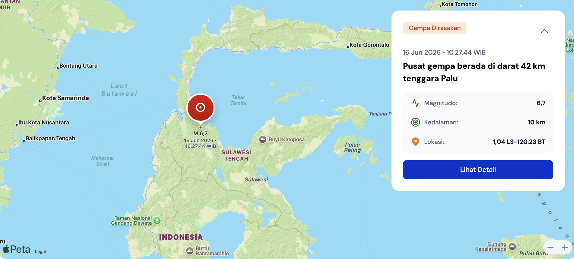 BMKG mencatat gempa di daratan Palu bermagnitudo 6,7 SR