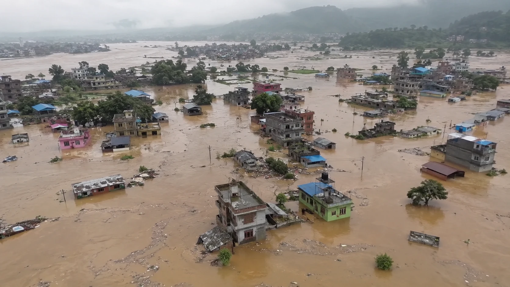 Ilustrasi banjir bandang di Nepal. (AI)