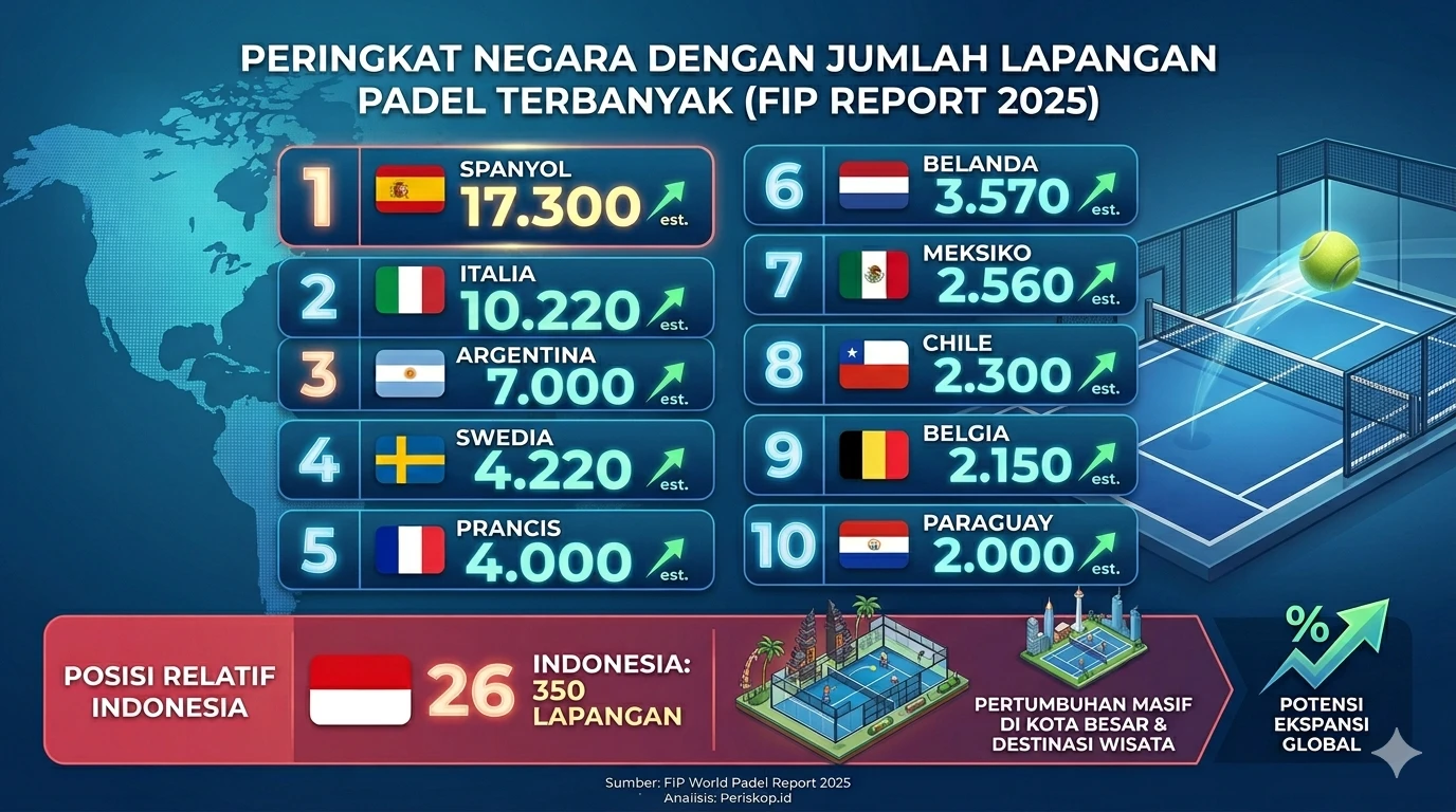 Daftar Negara dengan Lapangan Padel Terbanyak 2025, Indonesia Peringkat 26