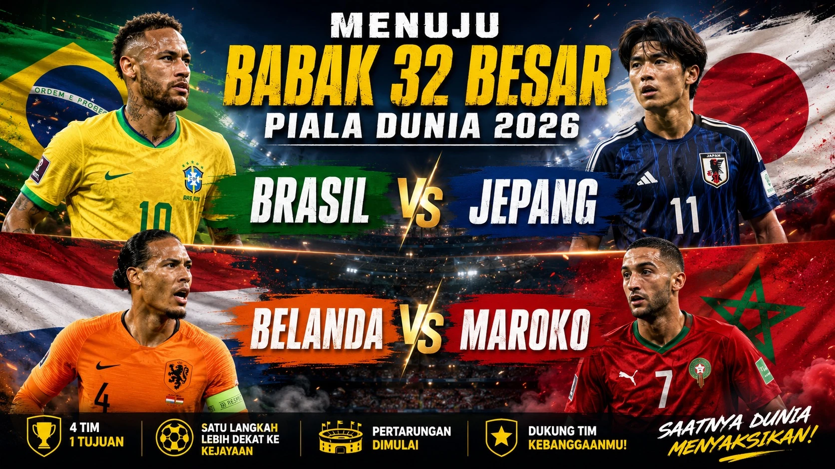 Babak 32 Besar Piala Dunia 2026 Mulai Panas; Brasil Vs Jepang, Belanda Vs Maroko
