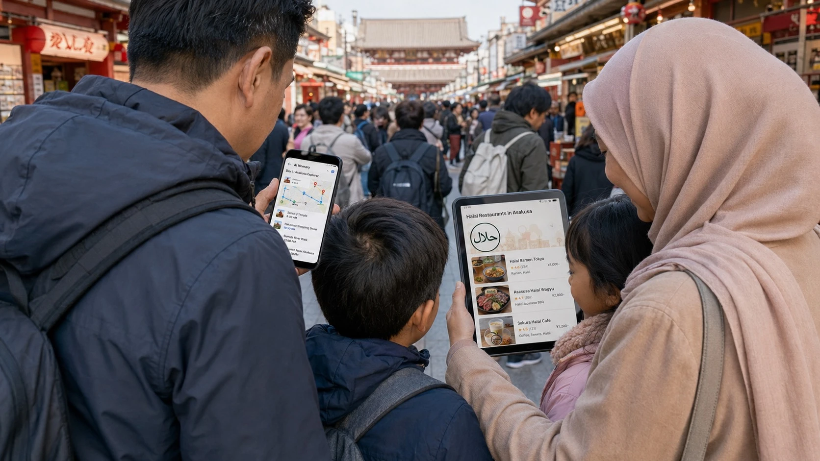 Keluarga muslim memanfaatkan AI untuk merencanakan perjalanan wisata dan mencari restoran halal.