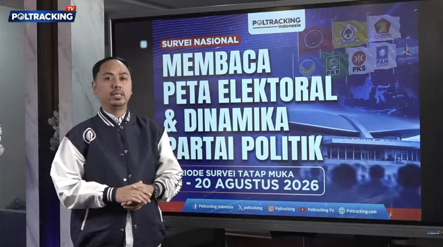 Peneliti Poltracking Indonesia Yoki Alvetro memaparkan hasil survei nasional "Membaca Peta Elektoral dan Dinamika Partai Politik" di studio Poltracking TV, Rabu (23/9).